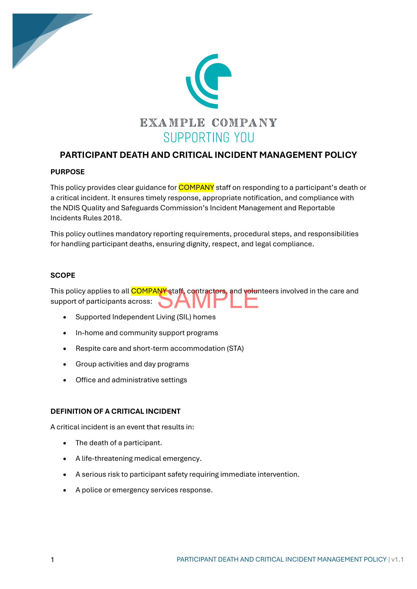 Participant Death And Critical Incident Management Policy - NDIS compliance document for Independent Support Workers and Providers.