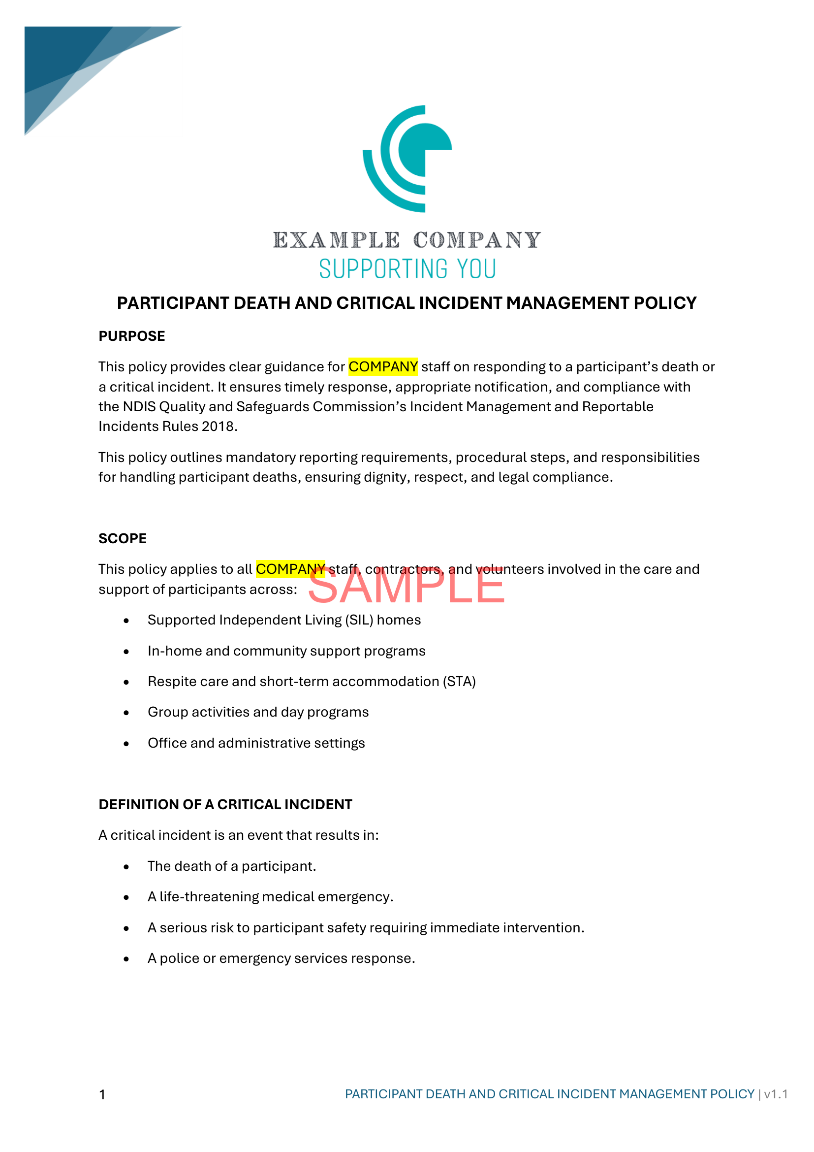 Participant Death And Critical Incident Management Policy - NDIS compliance document for Independent Support Workers and Providers.