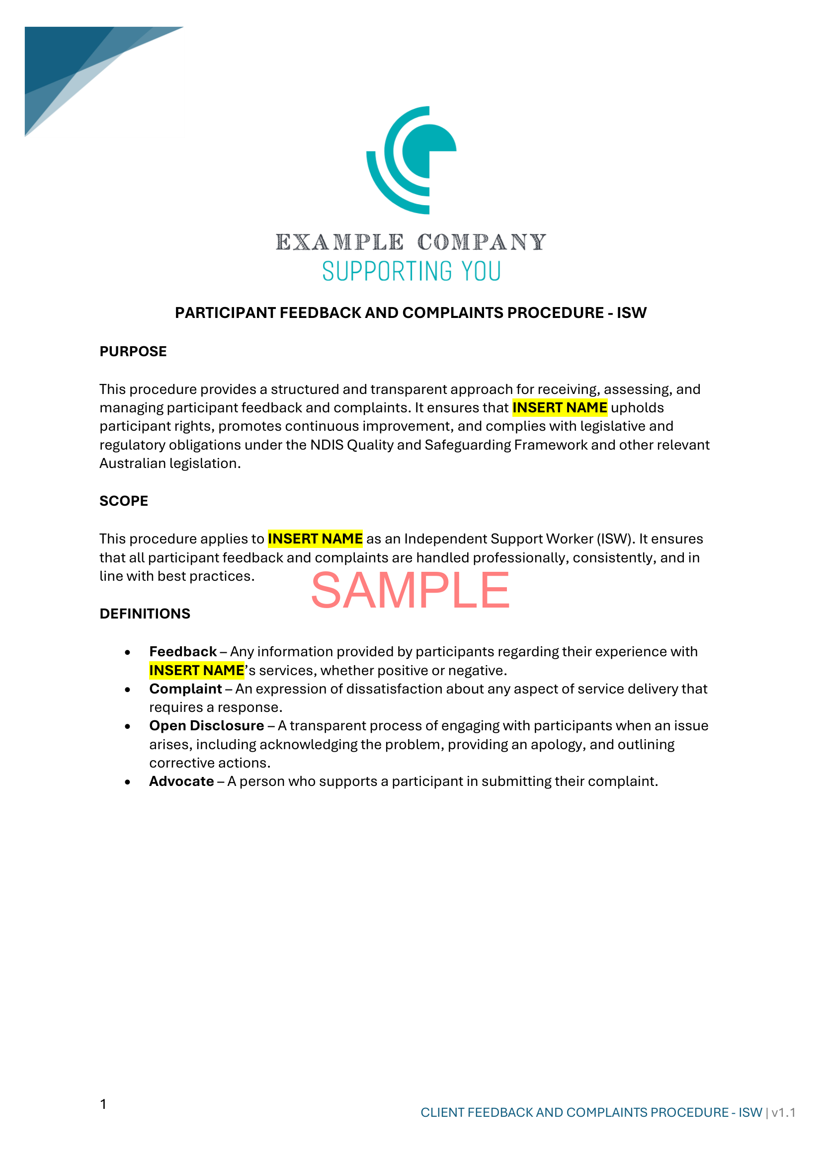 Participant Feedback and Complaints Procedure - NDIS compliance document for Independent Support Workers and Providers.