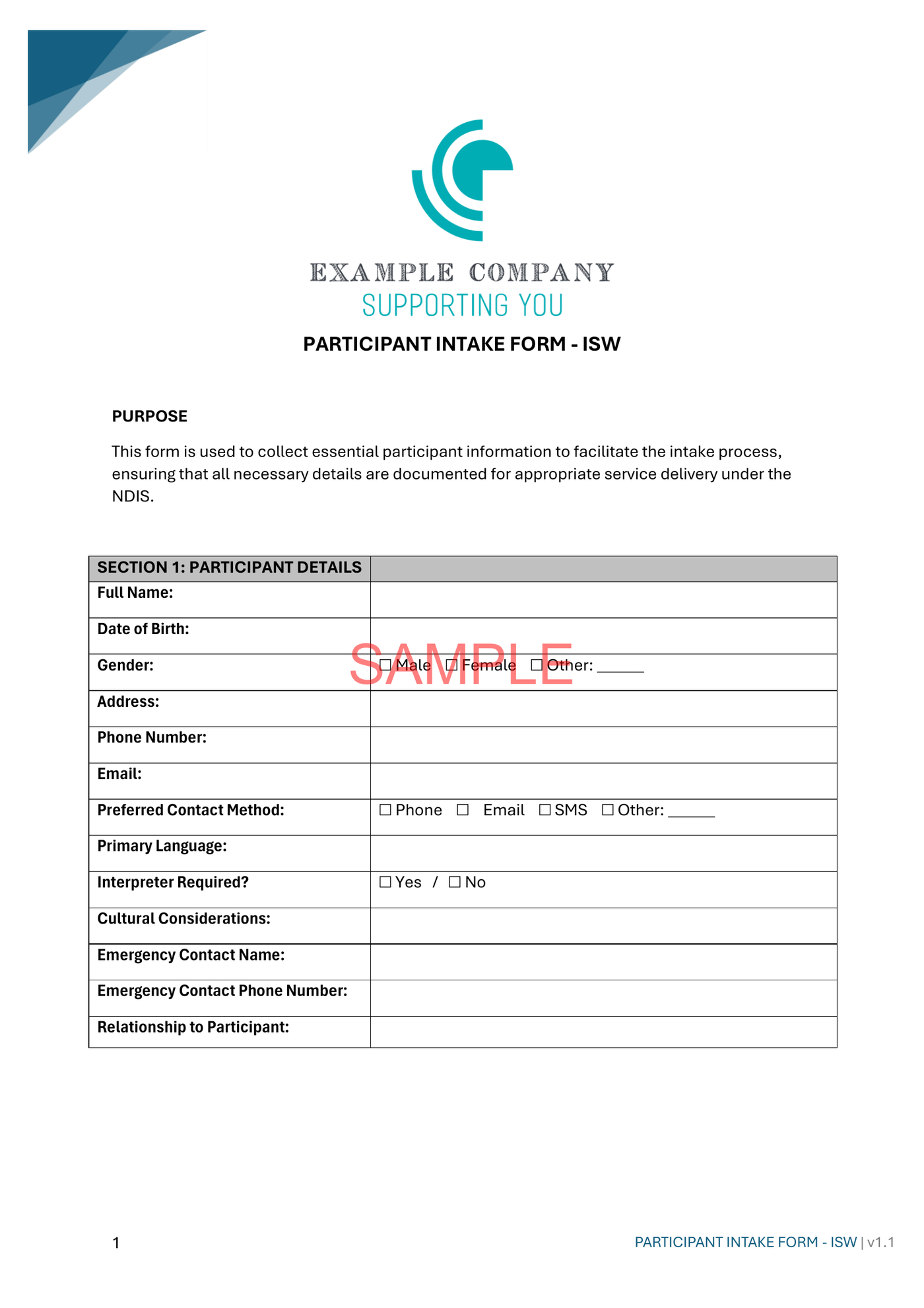 Participant Intake Form - NDIS compliance document for Independent Support Workers and Providers.