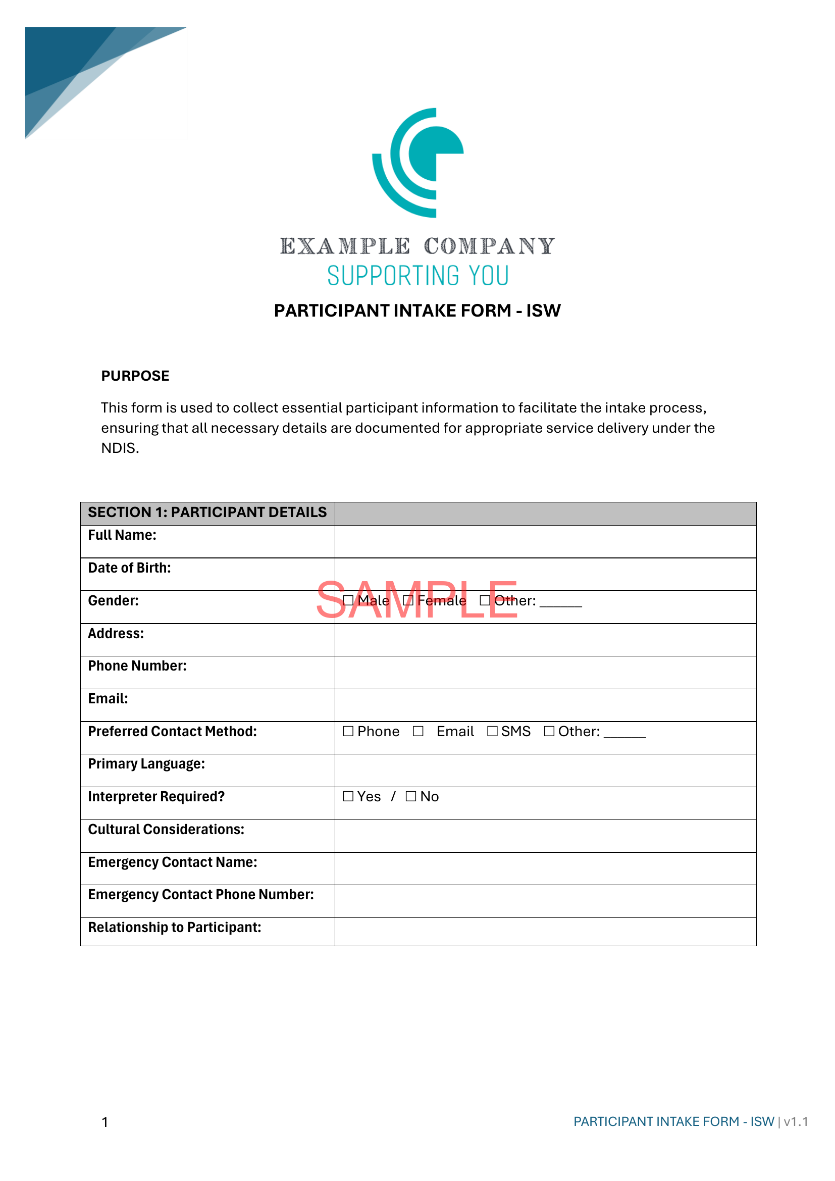Participant Intake Form - NDIS compliance document for Independent Support Workers and Providers.