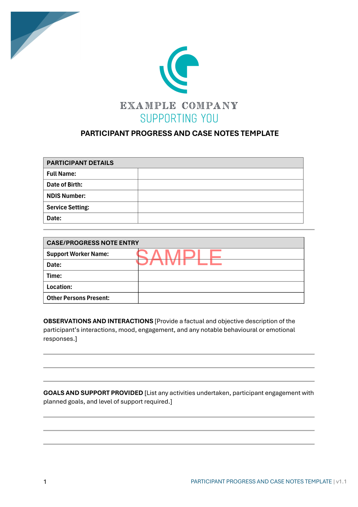 Participant Progress and Case Notes Template - NDIS compliance document for Independent Support Workers and Providers.