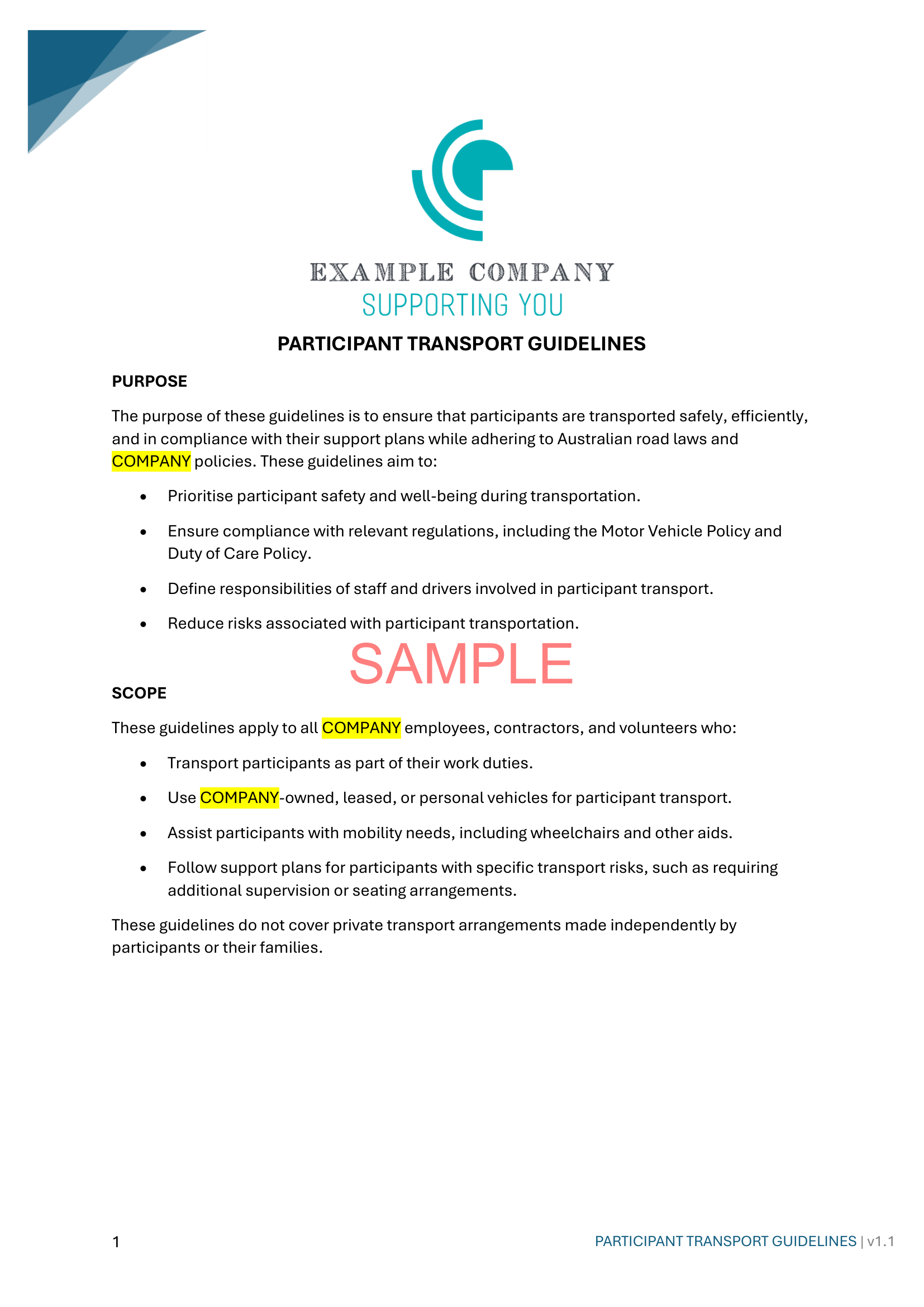 Participant Transport Guidelines - NDIS compliance document for Independent Support Workers and Providers.