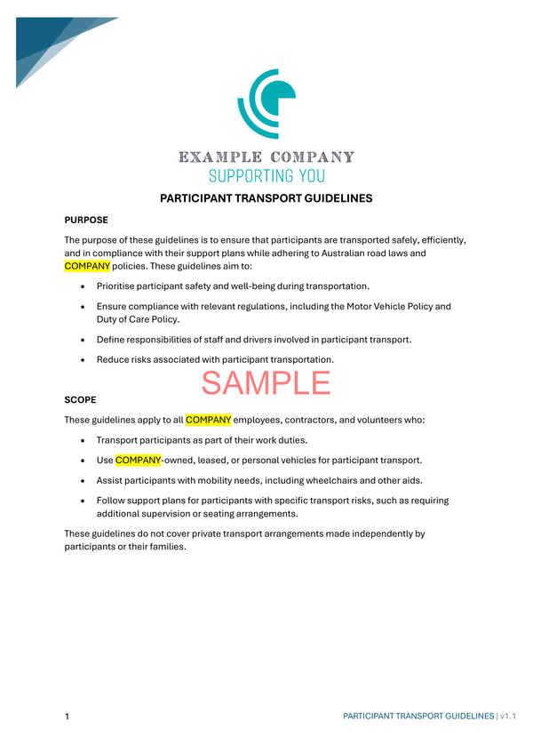 Participant Transport Guidelines - NDIS compliance document for Independent Support Workers and Providers.