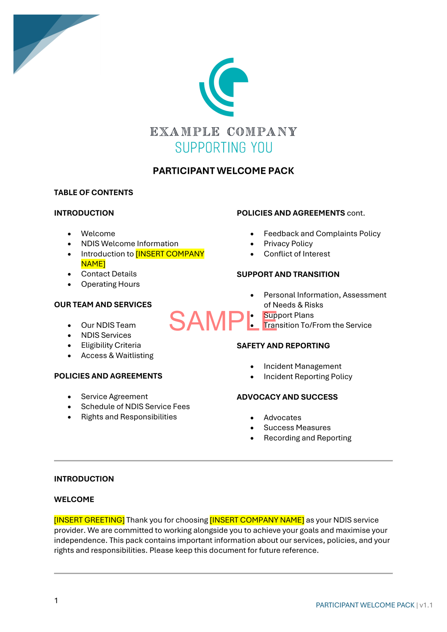 Participant Welcome Pack Template - ISW - NDIS compliance document for Independent Support Workers and Providers.