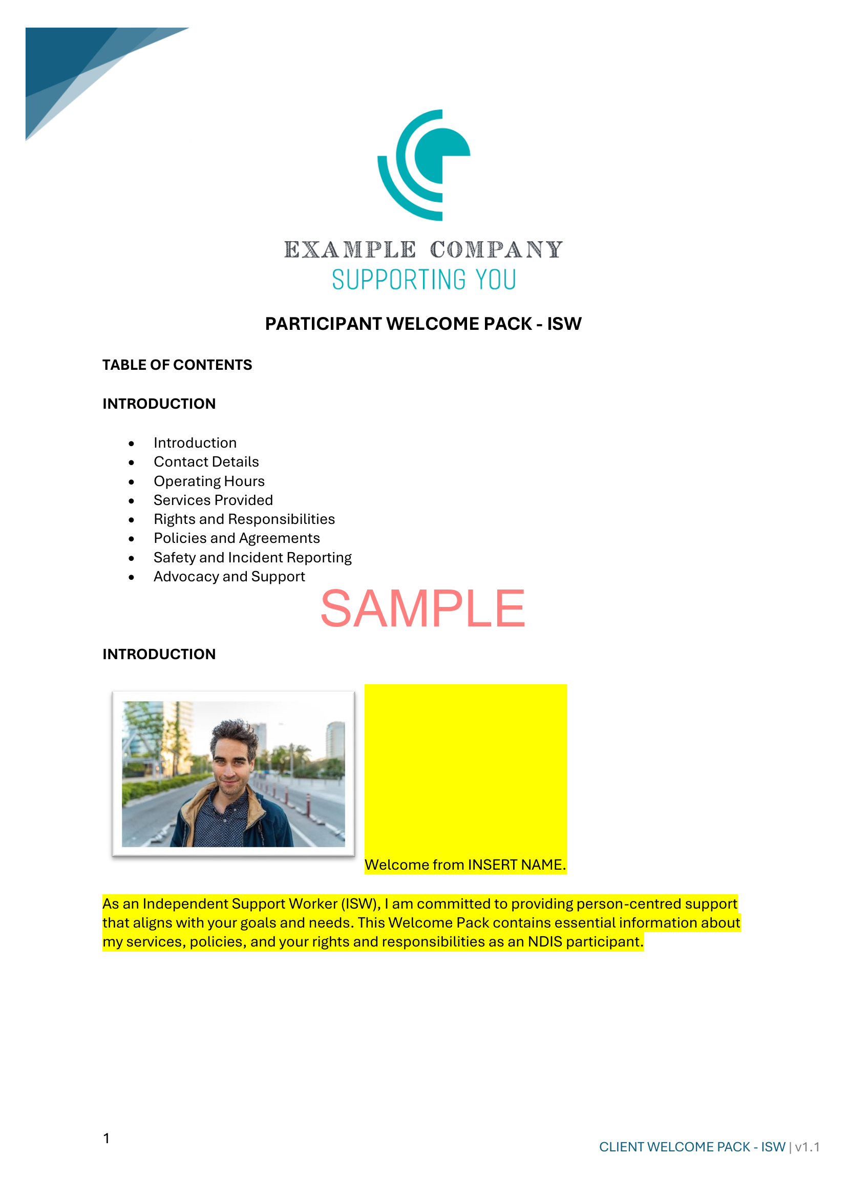 Participant Welcome Pack Template - NDIS compliance document for Independent Support Workers and Providers.