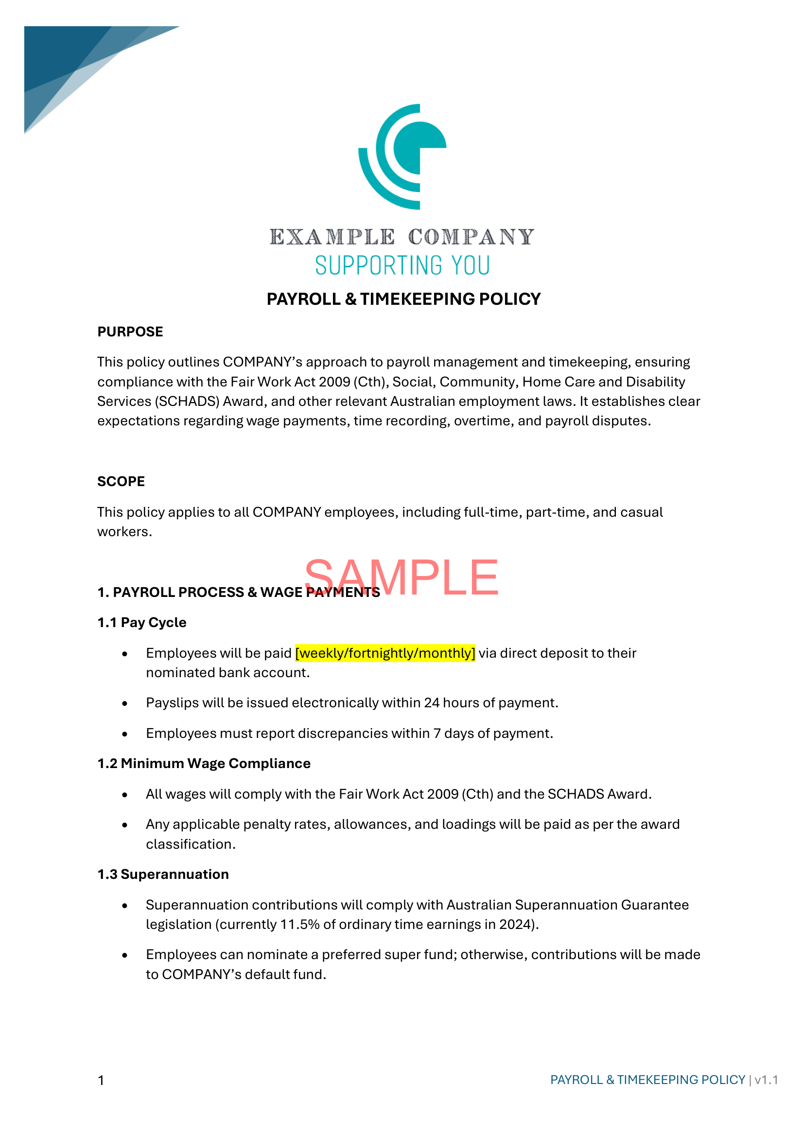 Payroll & Timekeeping Policy - NDIS compliance document for Independent Support Workers and Providers.