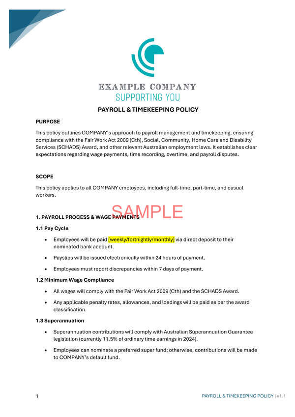 Payroll & Timekeeping Policy - NDIS compliance document for Independent Support Workers and Providers.