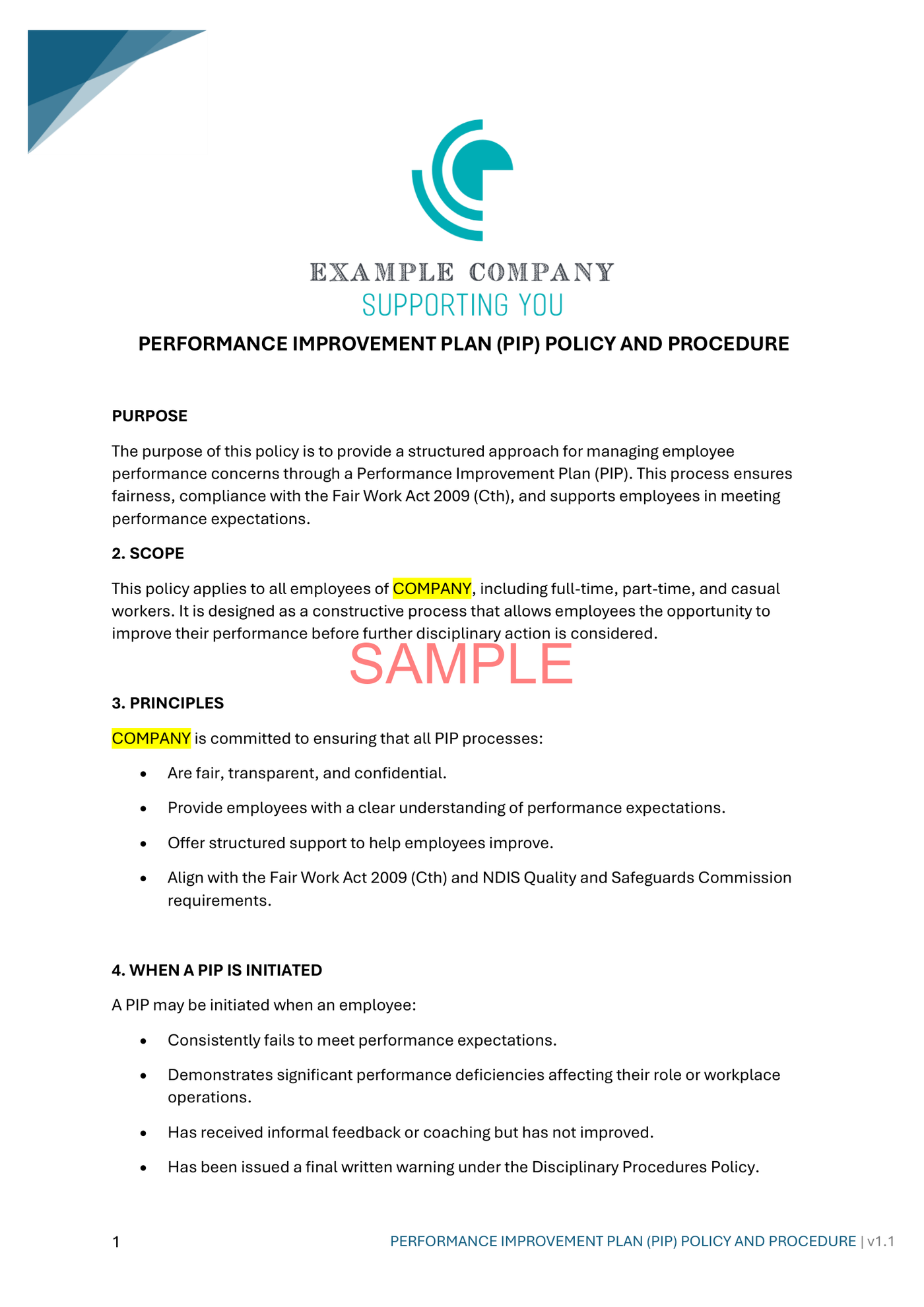 Performance Improvement Plan (PIP) Policy and Procedure - NDIS compliance document for Independent Support Workers and Providers.