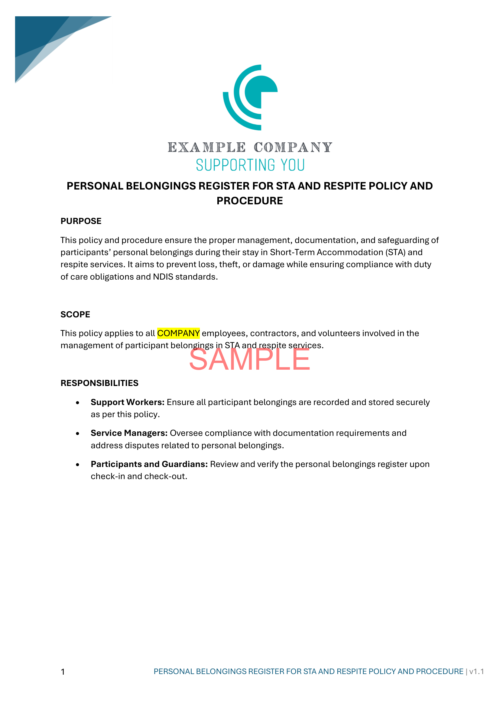 Personal Belongings Register for STA and Respite Policy and Procedure - NDIS compliance document for Independent Support Workers and Providers.