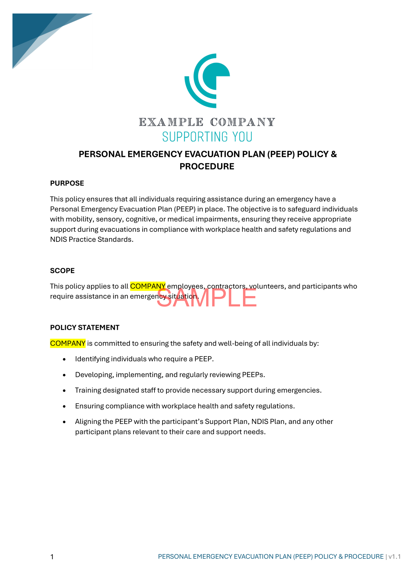 Personal Emergency Evacuation Plan (PEEP) Policy and Procedure - NDIS compliance document for Independent Support Workers and Providers.