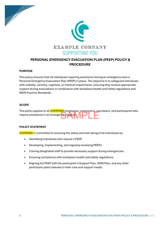 Personal Emergency Evacuation Plan (PEEP) Policy and Procedure - NDIS compliance document for Independent Support Workers and Providers.