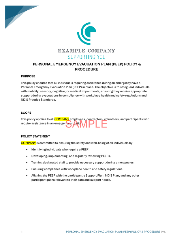 Personal Emergency Evacuation Plan (PEEP) Policy and Procedure - NDIS compliance document for Independent Support Workers and Providers.