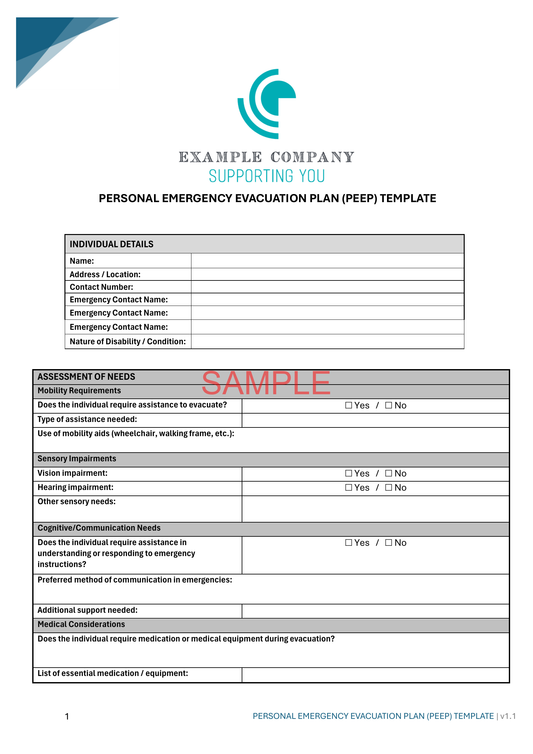 Personal Emergency Evacuation Plan (PEEP) Template - NDIS compliance document for Independent Support Workers and Providers.
