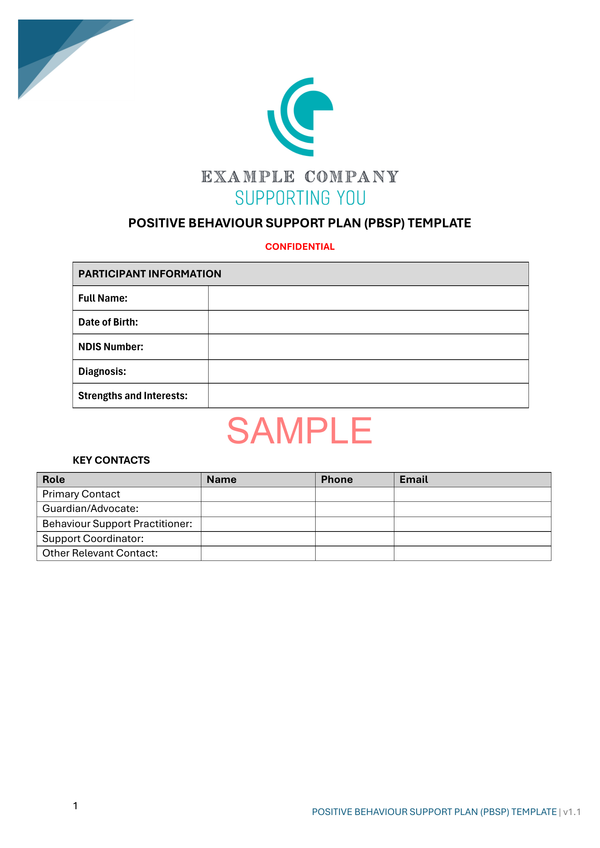 Positive Behaviour Support Plan Template - NDIS compliance document for Independent Support Workers and Providers.