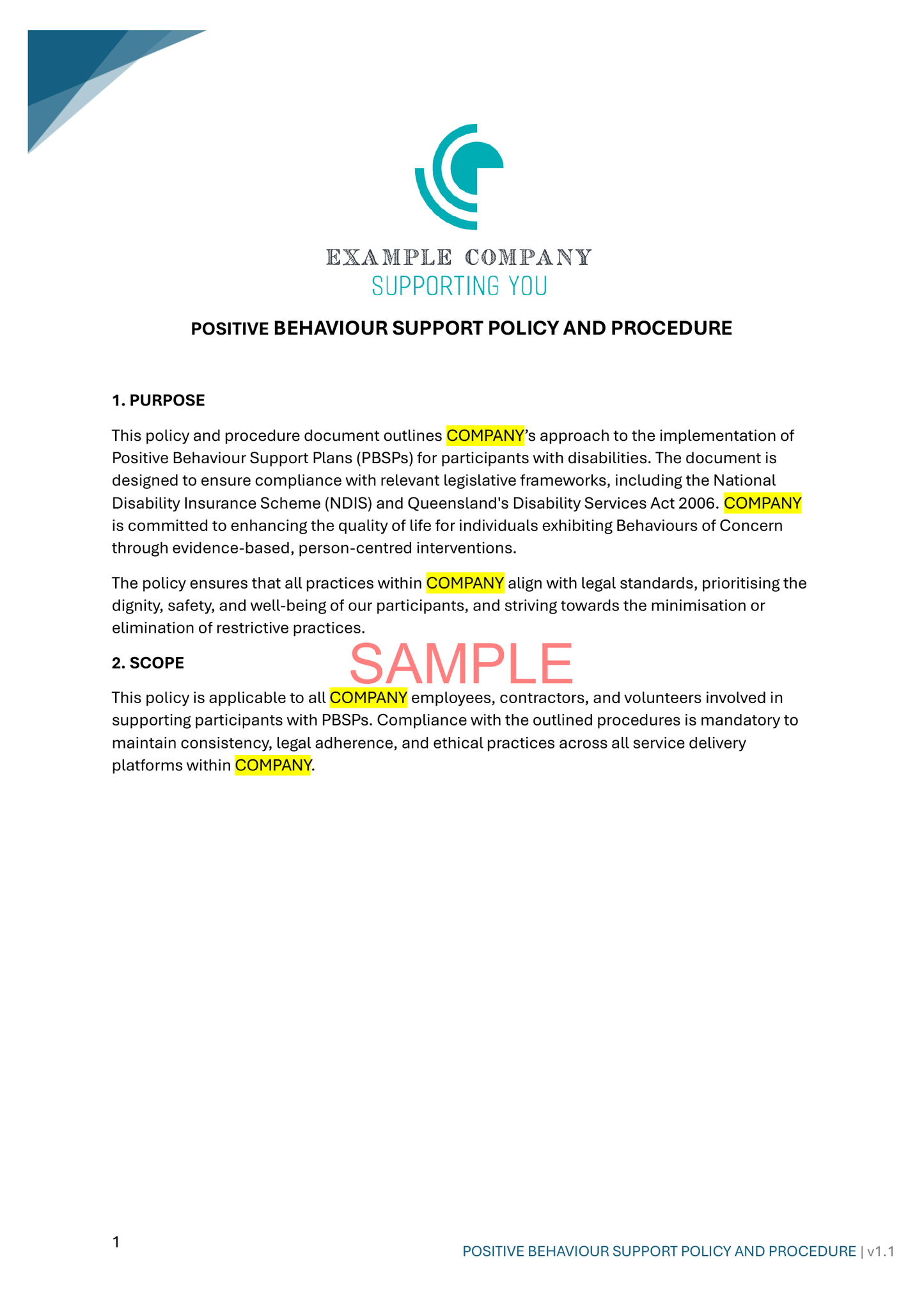 Positive Behaviour Support Policy and Procedure - NDIS compliance document for Independent Support Workers and Providers.