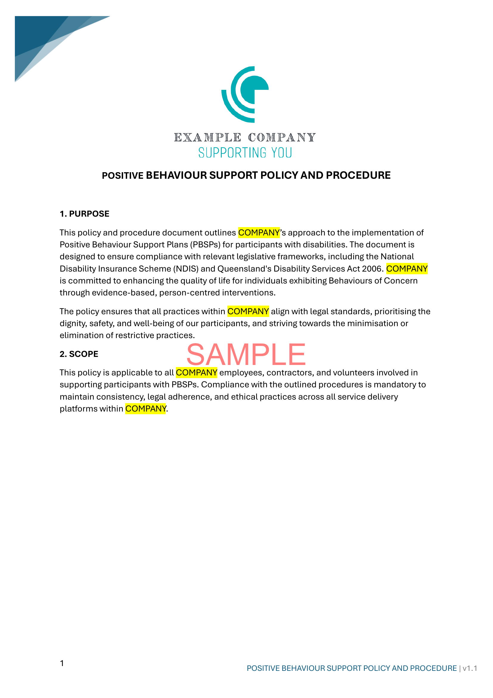 Positive Behaviour Support Policy and Procedure - NDIS compliance document for Independent Support Workers and Providers.