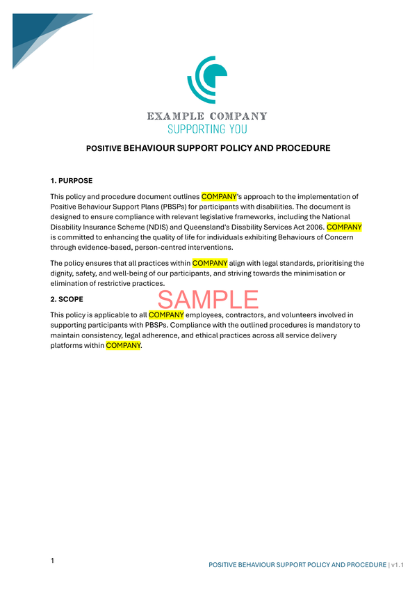 Positive Behaviour Support Policy and Procedure - NDIS compliance document for Independent Support Workers and Providers.