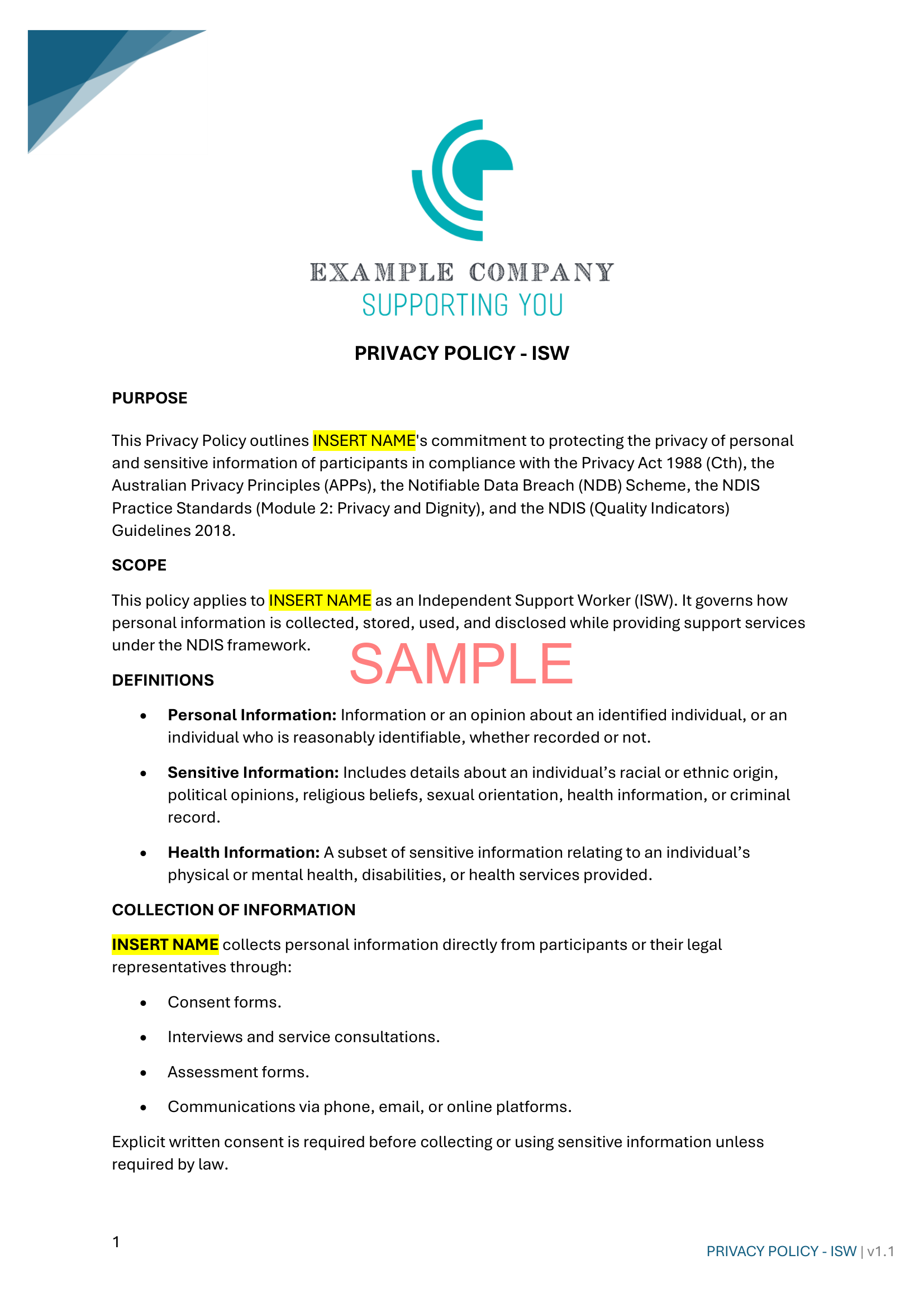 Privacy Policy - ISW - NDIS compliance document for Independent Support Workers and Providers.