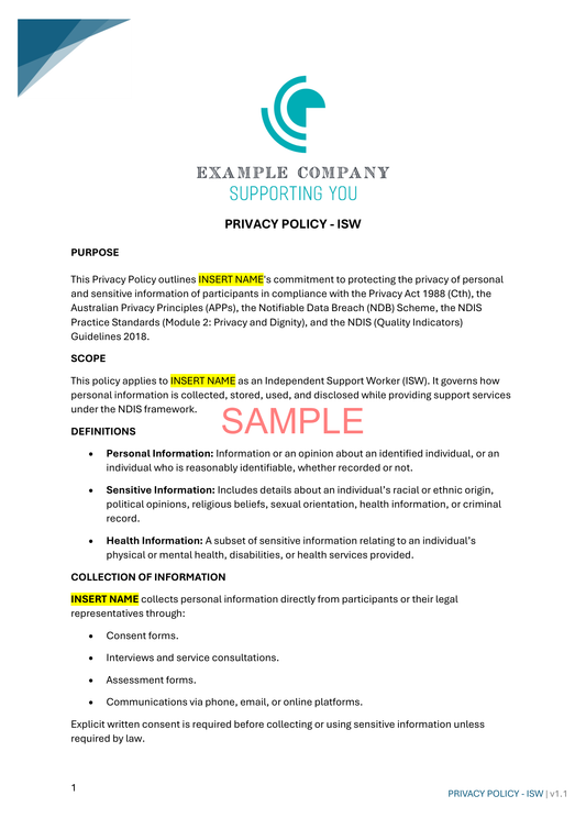 Privacy Policy - ISW - NDIS compliance document for Independent Support Workers and Providers.