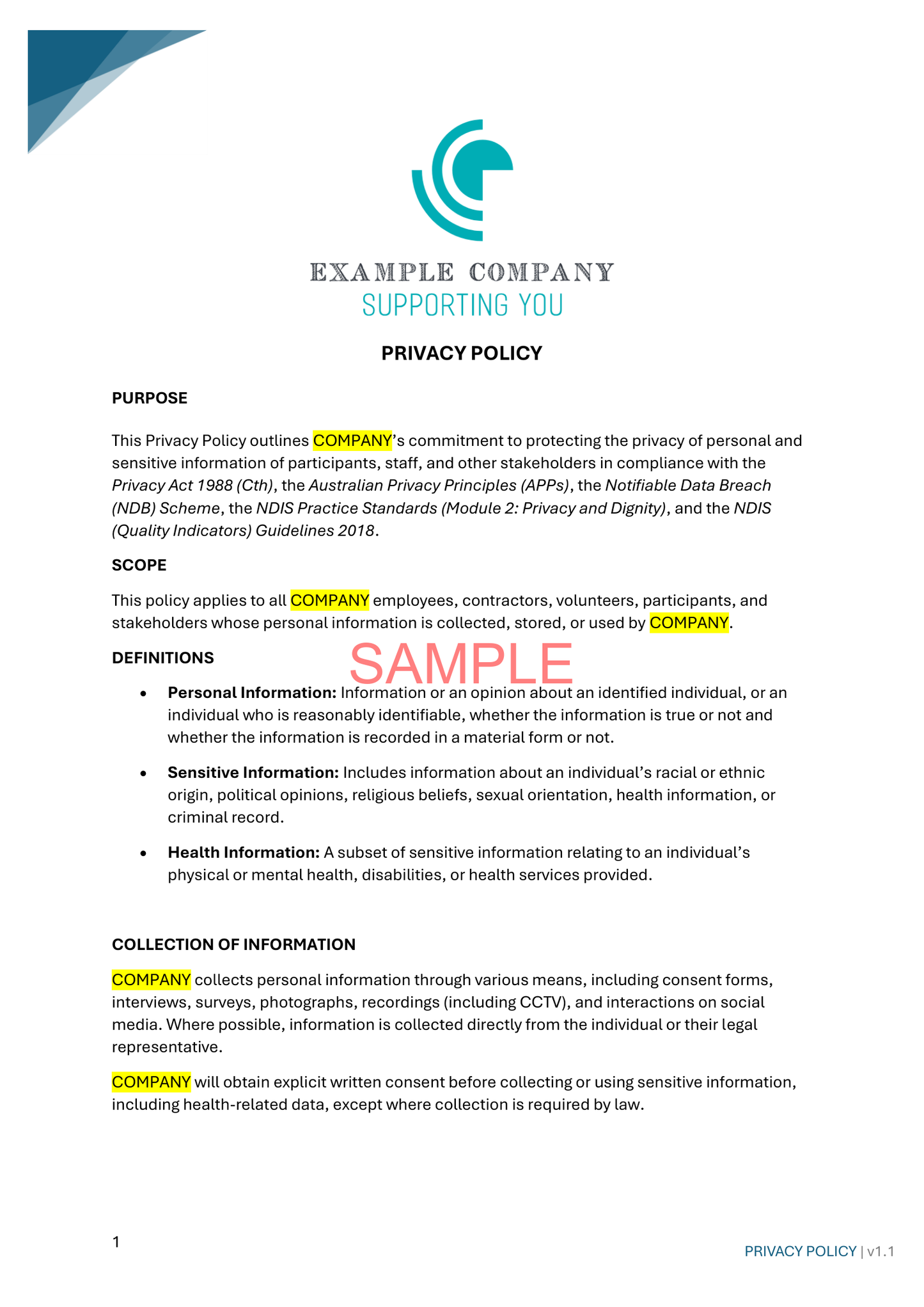 Privacy Policy - NDIS compliance document for Independent Support Workers and Providers.