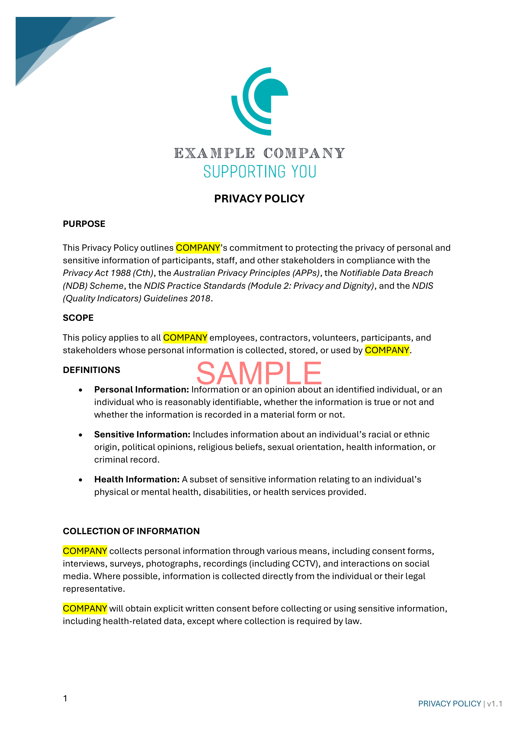 Privacy Policy - NDIS compliance document for Independent Support Workers and Providers.