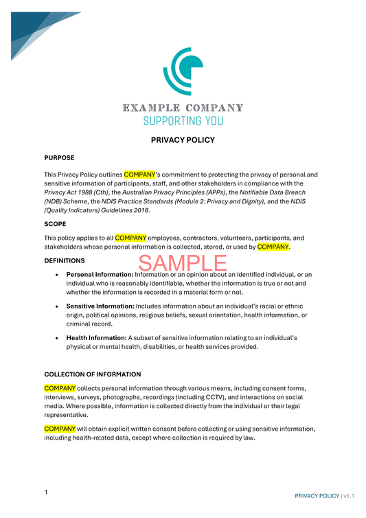 Privacy Policy - NDIS compliance document for Independent Support Workers and Providers.