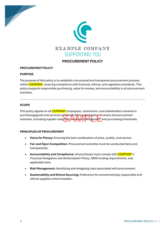 Procurement Policy - NDIS compliance document for Independent Support Workers and Providers.