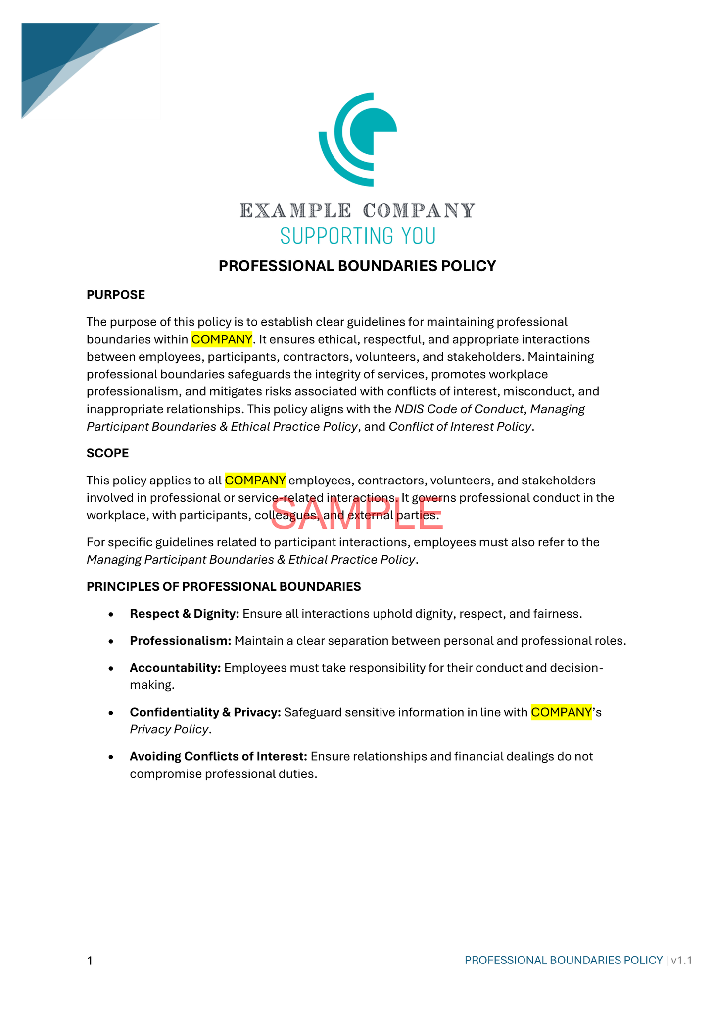 Professional Boundaries Policy - NDIS compliance document for Independent Support Workers and Providers.