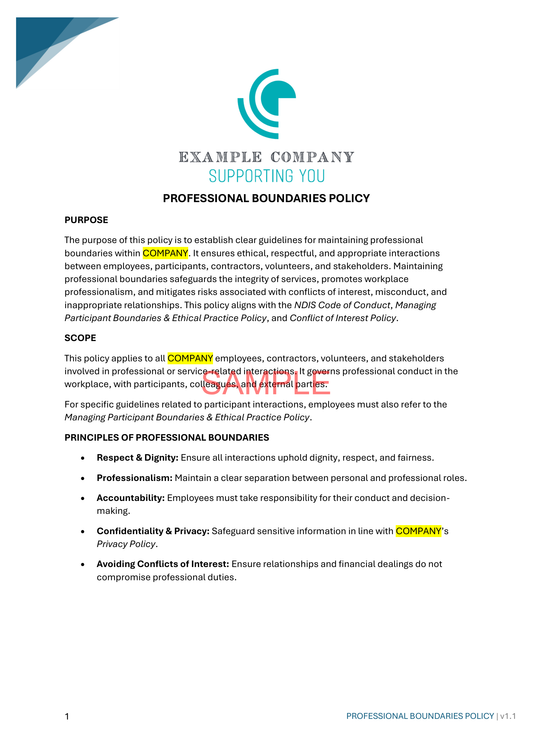 Professional Boundaries Policy - NDIS compliance document for Independent Support Workers and Providers.