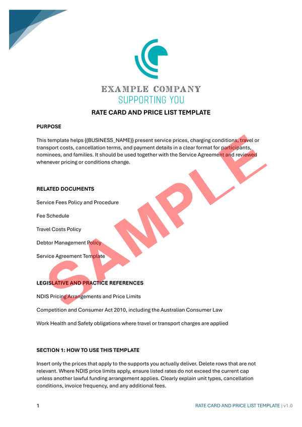 Rate Card and Price List Template