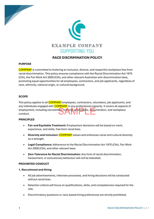 Race Discrimination Policy - NDIS compliance document for Independent Support Workers and Providers.