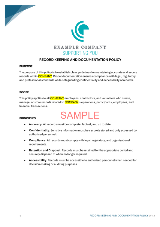 Record Keeping and Documentation Policy - NDIS compliance document for Independent Support Workers and Providers.