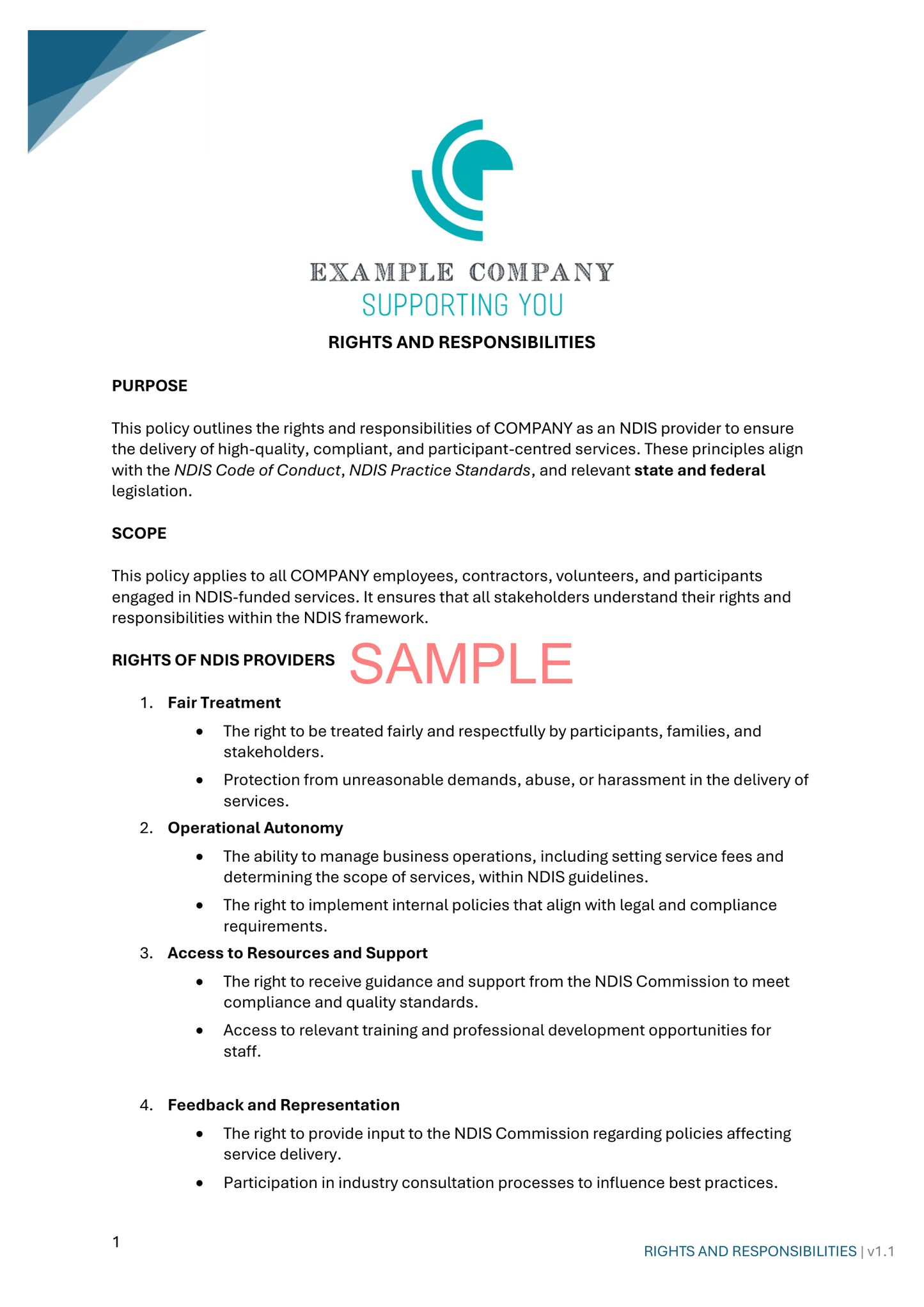 Rights and Responsibilities - NDIS compliance document for Independent Support Workers and Providers.
