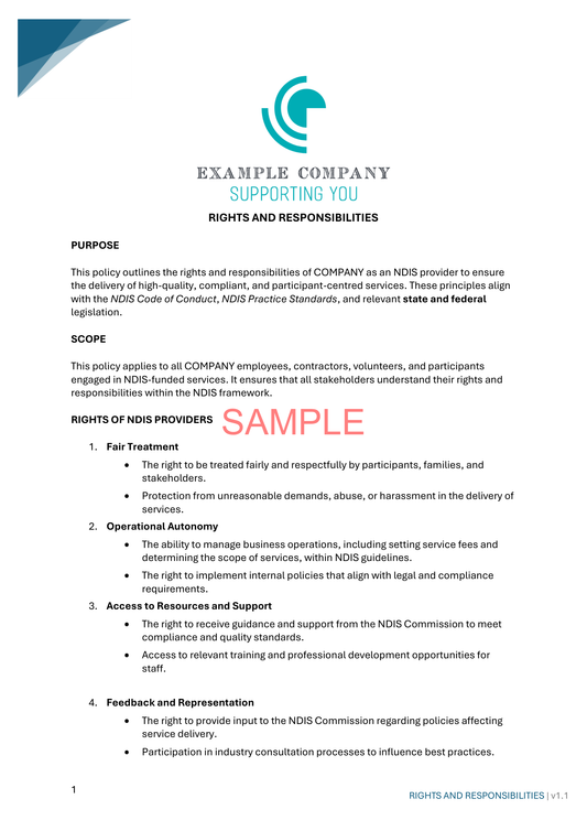 Rights and Responsibilities - NDIS compliance document for Independent Support Workers and Providers.