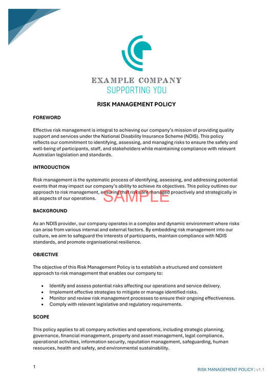 Risk Management Policy - NDIS compliance document for Independent Support Workers and Providers.