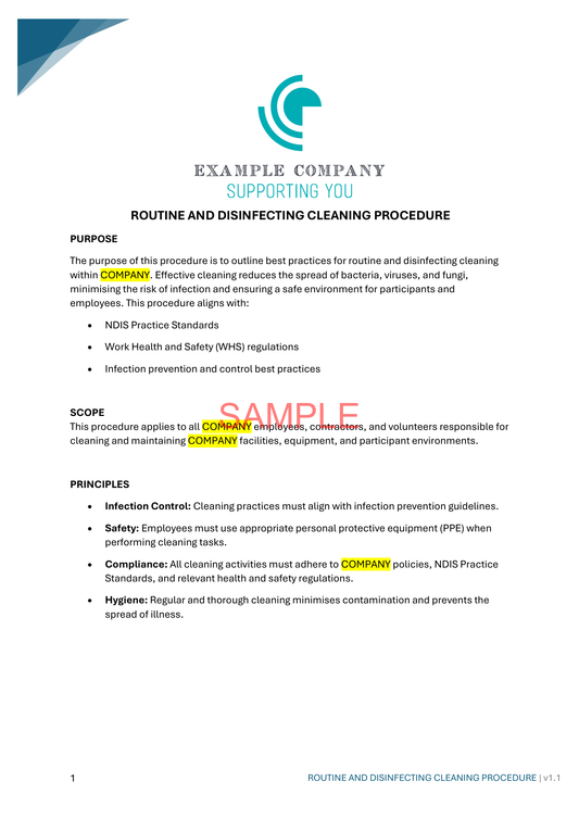 Routine Disinfecting Cleaning Procedure - NDIS compliance document for Independent Support Workers and Providers.