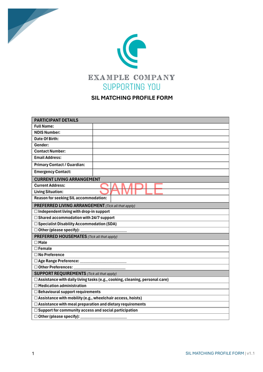 SIL Matching Profile Form - NDIS compliance document for Independent Support Workers and Providers.