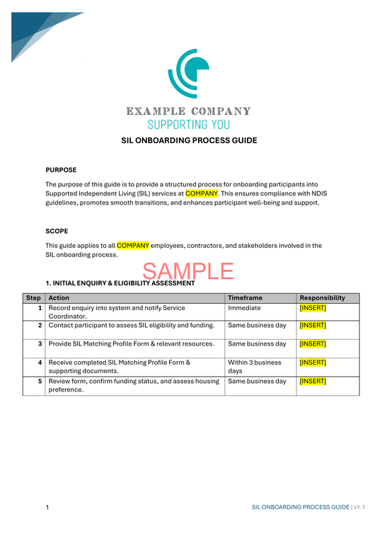 SIL Onboarding Process Guide - NDIS compliance document for Independent Support Workers and Providers.