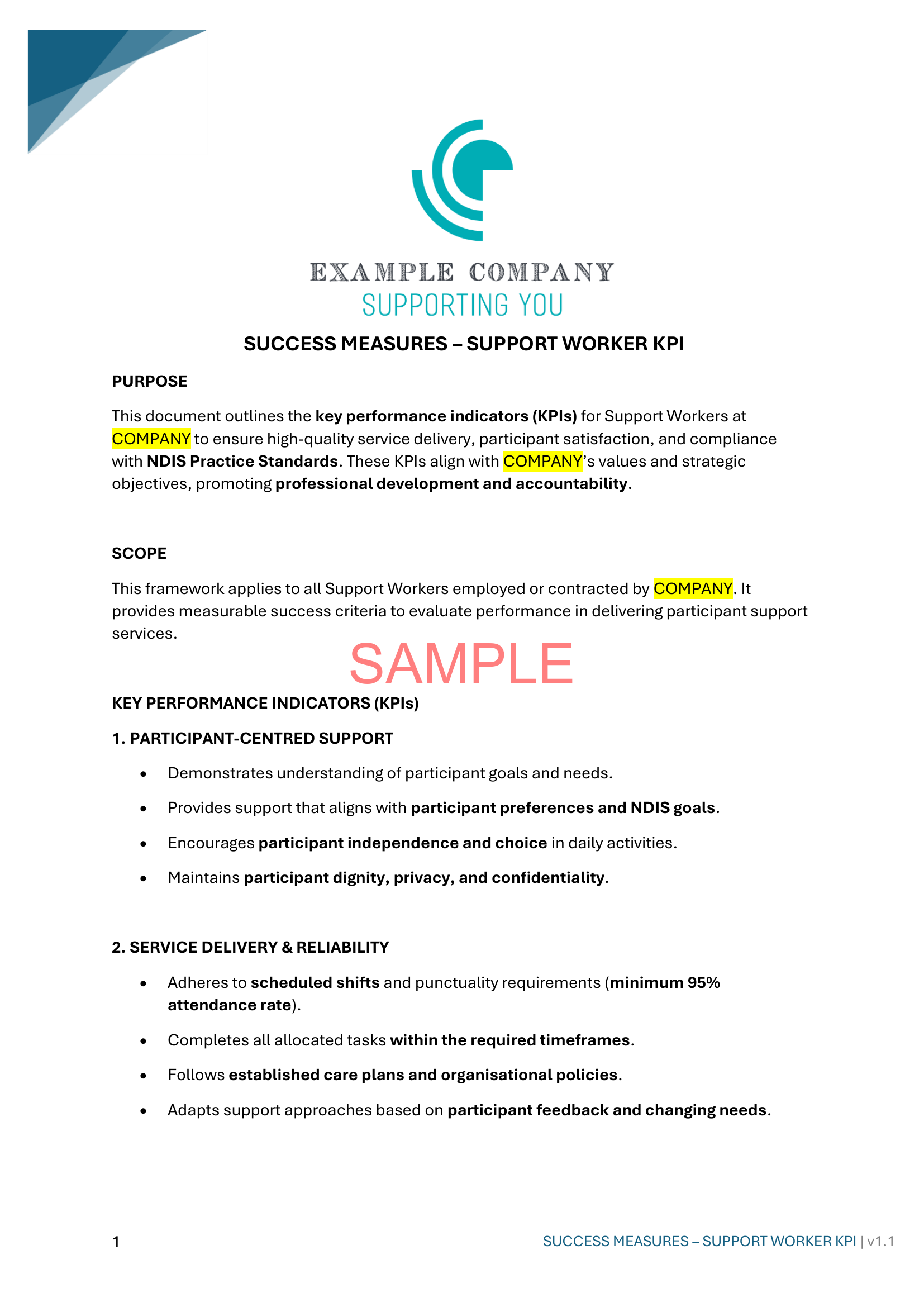 Success Measures - Support Worker KPI - NDIS compliance document for Independent Support Workers and Providers.