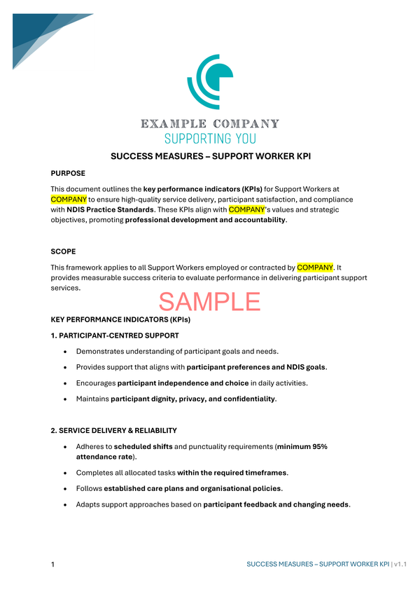 Success Measures - Support Worker KPI - NDIS compliance document for Independent Support Workers and Providers.