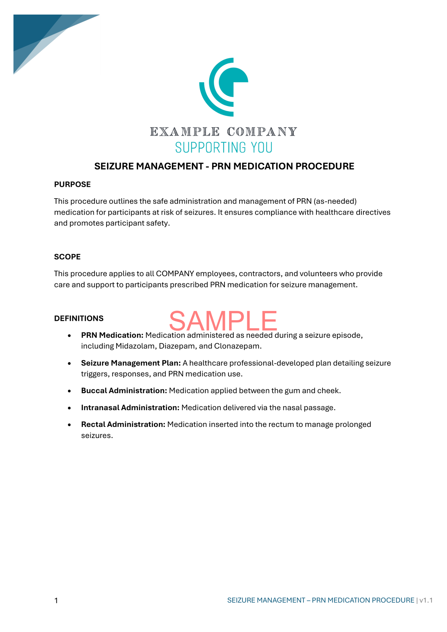 Seizure Management - PRN Medication Procedure - NDIS compliance document for Independent Support Workers and Providers.
