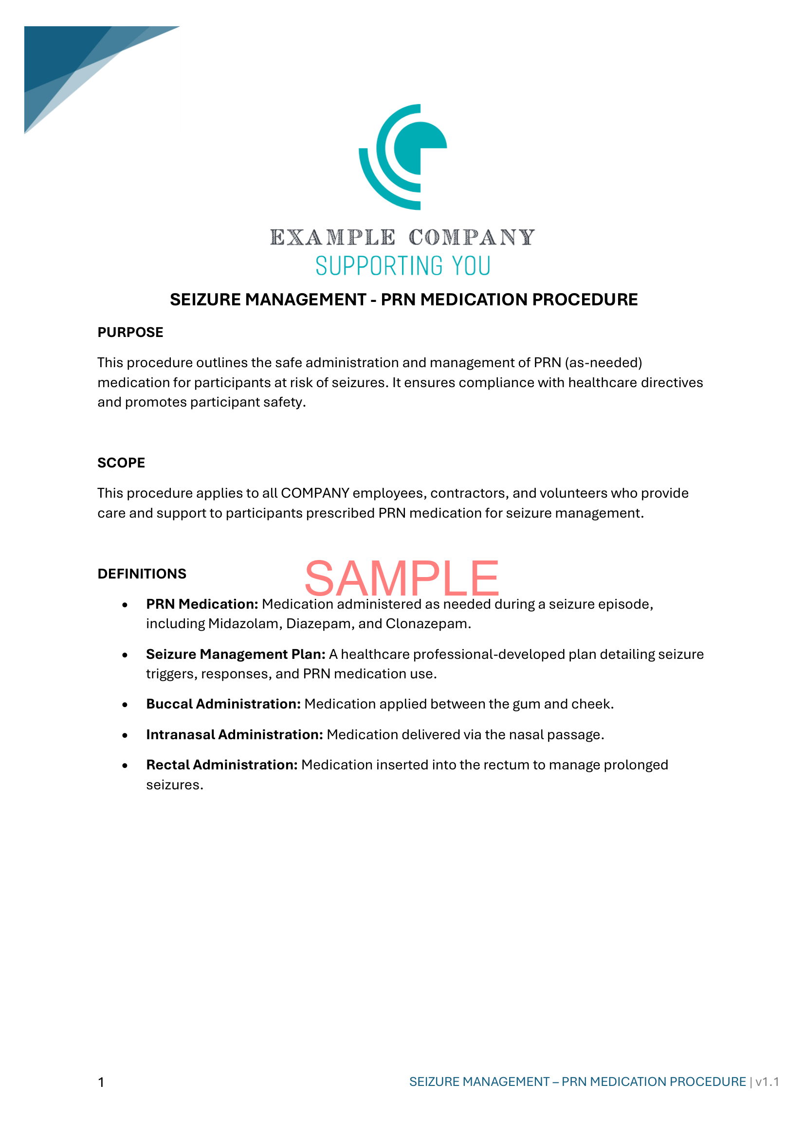 Seizure Management - PRN Medication Procedure - NDIS compliance document for Independent Support Workers and Providers.