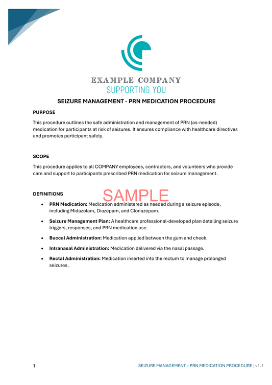 Seizure Management - PRN Medication Procedure - NDIS compliance document for Independent Support Workers and Providers.
