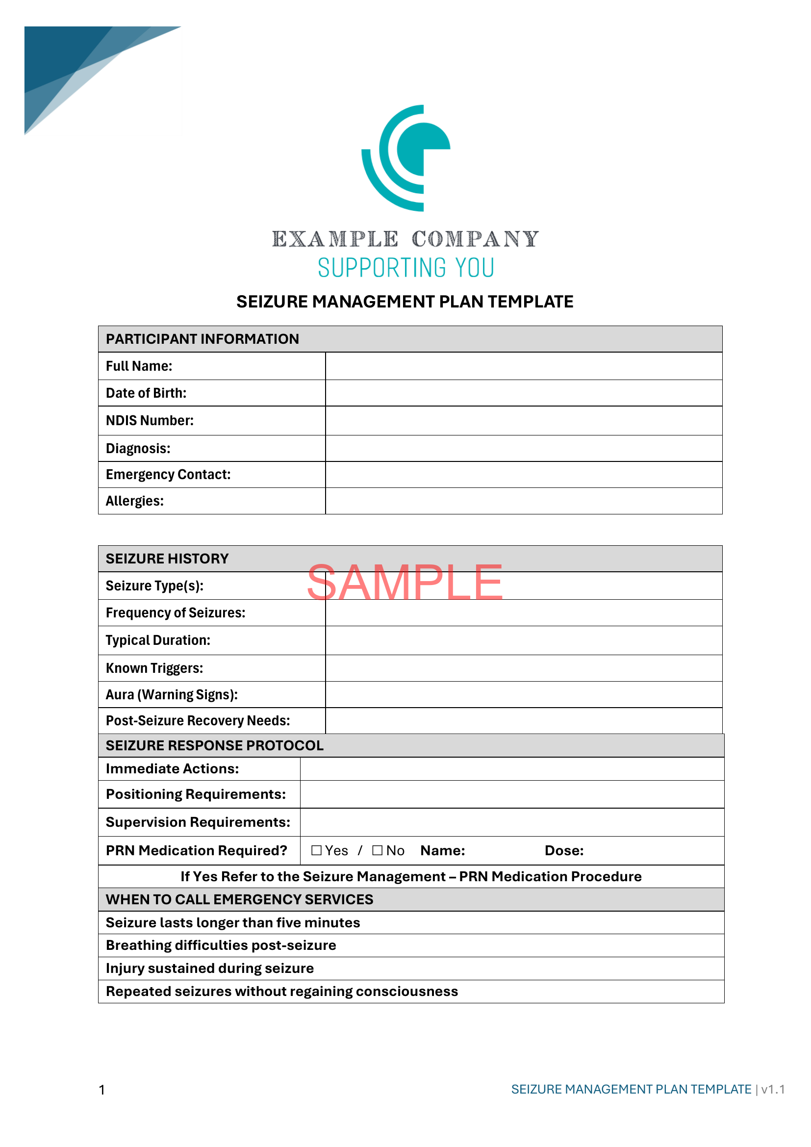 Seizure Management Plan - NDIS compliance document for Independent Support Workers and Providers.