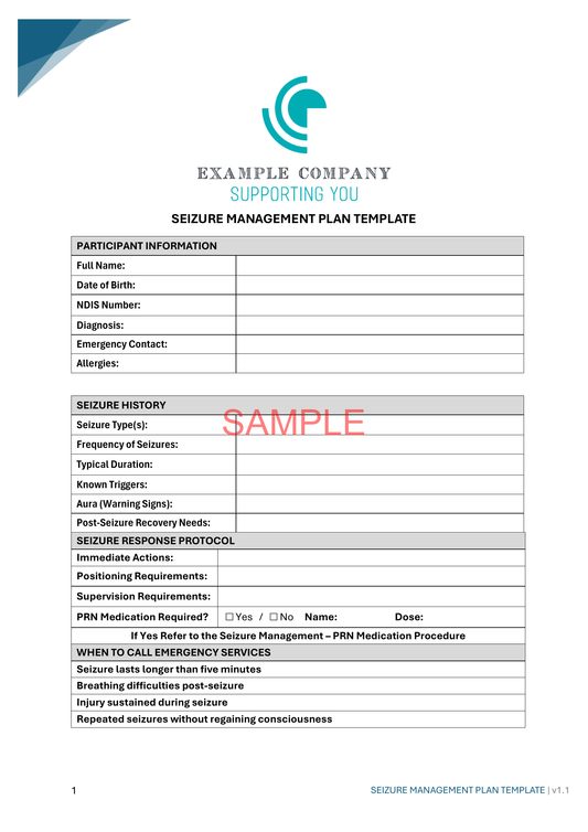 Seizure Management Plan - NDIS compliance document for Independent Support Workers and Providers.