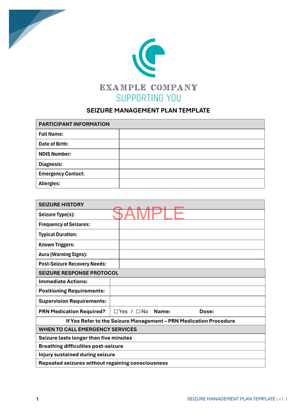 Seizure Management Plan - NDIS compliance document for Independent Support Workers and Providers.