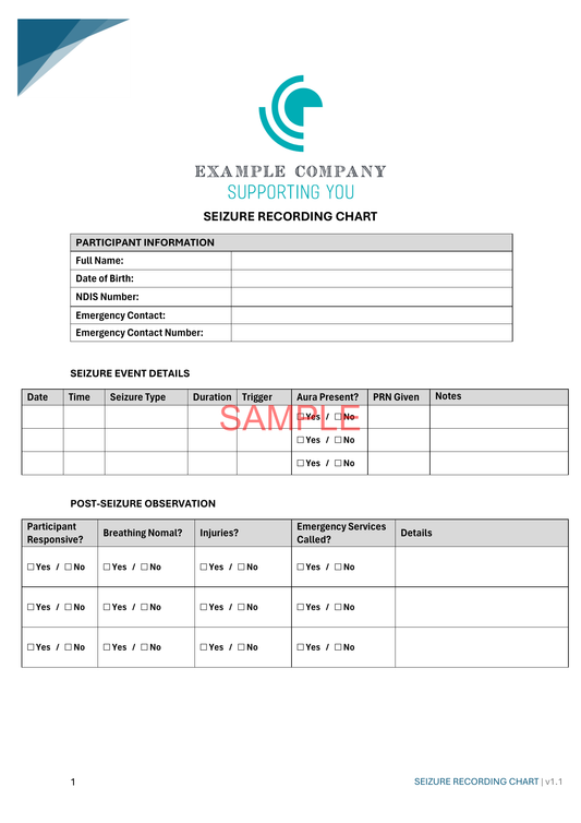 Seizure Recording Chart - NDIS compliance document for Independent Support Workers and Providers.
