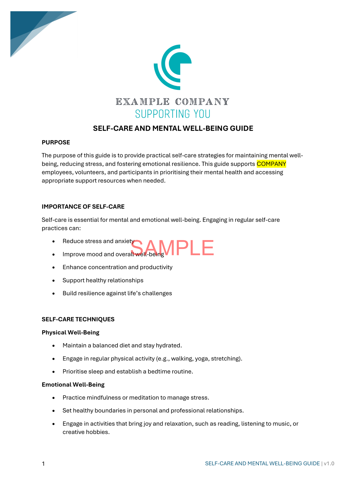 Self-Care and Mental Well-being Guide - NDIS compliance document for Independent Support Workers and Providers.