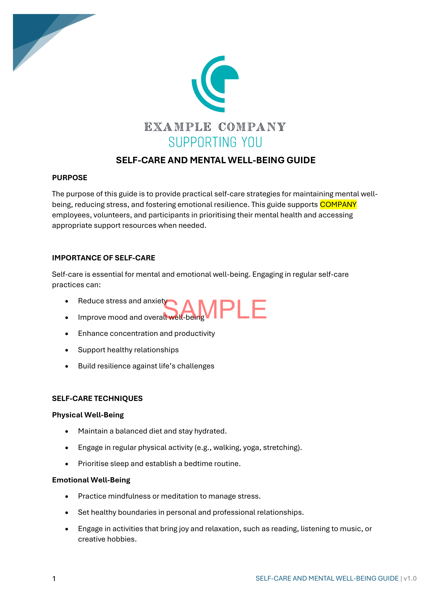 Self-Care and Mental Well-being Guide - NDIS compliance document for Independent Support Workers and Providers.